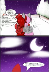 Size: 649x941 | Tagged: safe, artist:freefraq, derpibooru import, oc, oc:cherry slime, oc:lilac san, bat pony, goo, goo pony, original species, comic:story cherry shenigans, moon, sky, stars