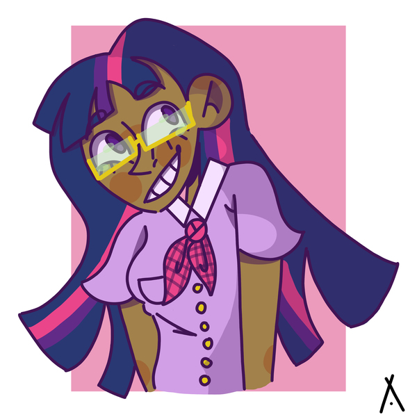 Size: 3000x3000 | Tagged: alternate hairstyle, artist:criatffit, blushing, clothes, dark skin, derpibooru import, female, glasses, grin, human, humanized, safe, shirt, smiling, solo, twilight sparkle