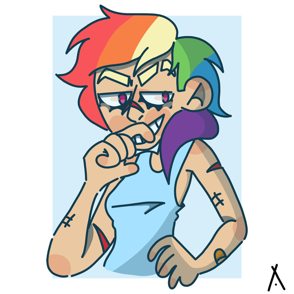 Size: 3000x3000 | Tagged: alternate hairstyle, artist:criatffit, bandaid, clothes, derpibooru import, female, grin, human, humanized, rainbow dash, safe, scar, short hair, short hair rainbow dash, smiling, solo, tanktop