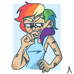 Size: 3000x3000 | Tagged: alternate hairstyle, artist:criatffit, bandaid, clothes, derpibooru import, female, grin, human, humanized, rainbow dash, safe, scar, short hair, short hair rainbow dash, smiling, solo, tanktop