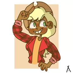 Size: 3000x3000 | Tagged: applejack, applejack's hat, artist:criatffit, clothes, cowboy hat, dark skin, derpibooru import, female, flannel, freckles, grin, hat, human, humanized, safe, shirt, smiling, solo, t-shirt