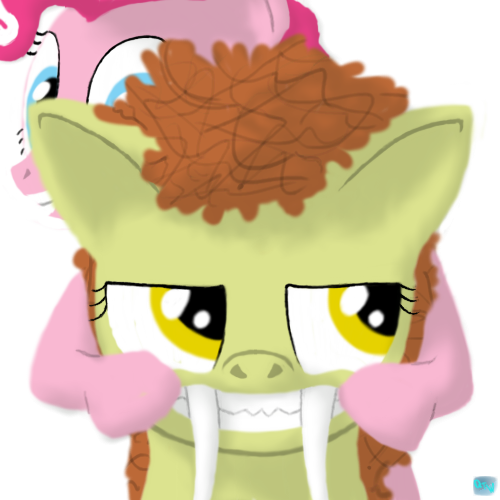 Size: 500x500 | Tagged: safe, artist:quint-t-w, derpibooru import, pinkie pie, oc, oc:pointy white, earth pony, original species, pony, sabertooth pony, annoyed, fangs, forced smile, old art, sharp teeth, simple background, teeth, transparent background