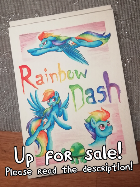 Size: 2080x2773 | Tagged: safe, artist:puggie, derpibooru import, rainbow dash, tank, pony, advertisement, for sale, solo, traditional art, watercolor painting