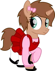 Size: 1980x2552 | Tagged: safe, artist:peternators, derpibooru import, oc, oc:heroic armour, unofficial characters only, pony, unicorn, alternate hairstyle, clothes, colt, crossdressing, dress, fake eyelashes, femboy, male, mary janes, ribbon, shoes, simple background, socks, teenager, transparent background