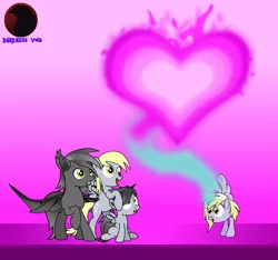 Size: 3059x2865 | Tagged: safe, artist:darktailsko, derpibooru import, derpy hooves, dinky hooves, oc, oc:fireworks shadow, oc:silver shadow, bat pony, pony, unicorn, vampire, canon x oc, family, female, foal, gift art, handstand, male, mare, offspring, parent:derpy hooves, parent:oc:silver shadow, parents:canon x oc, shipping, silvergunner, stallion, straight, upside down