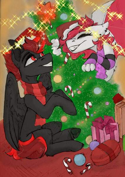 Size: 848x1200 | Tagged: safe, derpibooru import, oc, oc:dark star, oc:spensira black, alicorn, dracony, dragon, hybrid, pony, alicorn oc, christmas, christmas lights, christmas tree, female, holiday, horn, male, male alicorn oc, red and black oc, red eyes, solo, tree, wings