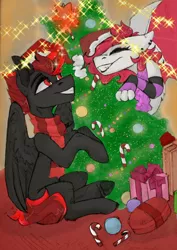 Size: 848x1200 | Tagged: safe, derpibooru import, oc, oc:dark star, oc:spensira black, alicorn, dracony, dragon, hybrid, pony, alicorn oc, christmas, christmas lights, christmas tree, female, holiday, horn, male, male alicorn oc, red and black oc, red eyes, solo, tree, wings