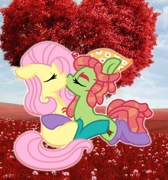 Size: 844x904 | Tagged: safe, artist:doodleponyxx, artist:mlpbasemaker33, derpibooru import, fluttershy, tree hugger, earth pony, pegasus, pony, base used, clothes, female, flower, flutterhugger, french kiss, grass, hug, kissing, lesbian, mare, missing cutie mark, shipping, socks, tree