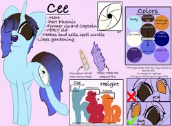 Size: 2430x1779 | Tagged: safe, artist:ceemakesstuff, derpibooru import, oc, oc:cee, unofficial characters only, pony, unicorn, cutie mark, eye clipping through hair, female, magic, no pupils, reference sheet, text