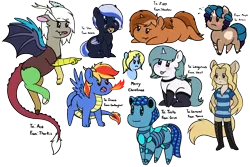 Size: 2200x1469 | Tagged: safe, artist:mynder, derpibooru import, discord, oc, oc:art's desire, oc:sandy sketch, oc:sign, oc:starlight twist, draconequus, pegasus, pony, robot, robot pony, unicorn, blushing, eris, fire, pony dragon hybrid, rule 63, simple background, tongue out, transparent background