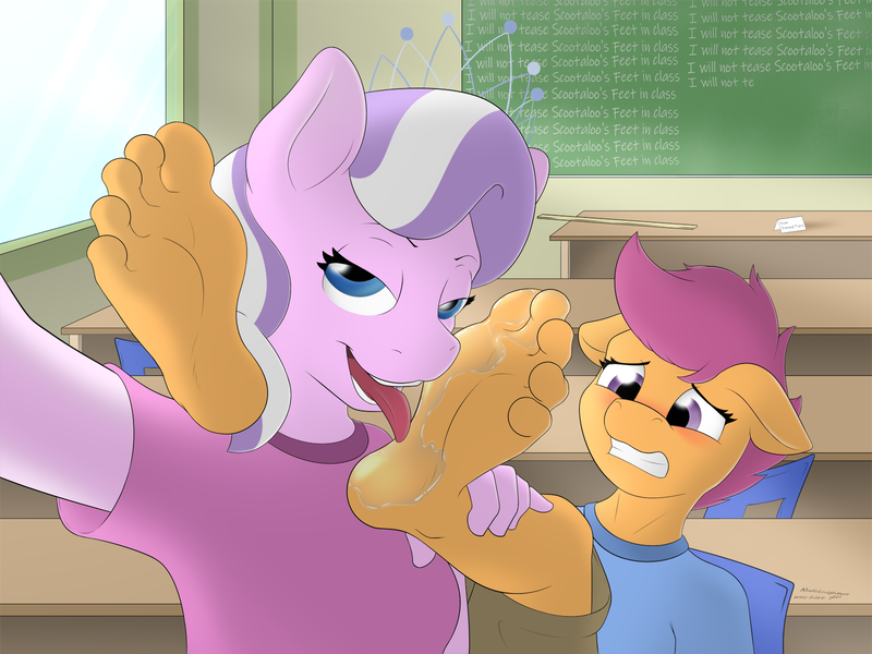 Size: 1600x1200 | Tagged: questionable, artist:nudeknightart, derpibooru import, diamond tiara, scootaloo, anthro, earth pony, pegasus, blushing, chalkboard, detention, drool, embarrassed, feet, fetish, foot fetish, foot focus, foot worship, licking, licking foot, school, selfie, soles, toes, tongue out