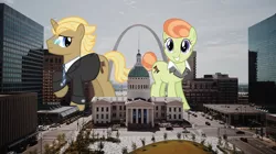 Size: 1800x1010 | Tagged: safe, artist:sircxyrtyx, artist:toughbluff, derpibooru import, golden gavel, lady justice, swift justice, vance van vendington, earth pony, pony, unicorn, courthouse, female, giant pony, highrise ponies, irl, macro, male, missouri, photo, ponies in real life, st. louis