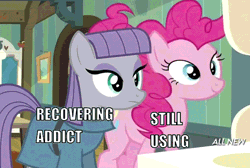Size: 600x404 | Tagged: safe, derpibooru import, edit, edited screencap, screencap, maud pie, pinkie pie, earth pony, pony, maud pie (episode), season 4, animated, caption, duo, faic, female, gif, great moments in animation, image macro, implied drug use, implied drugs, mare, maud being maud, pie sisters, pinkie being pinkie, rumbling, shaking, siblings, sisters, smear frame, text