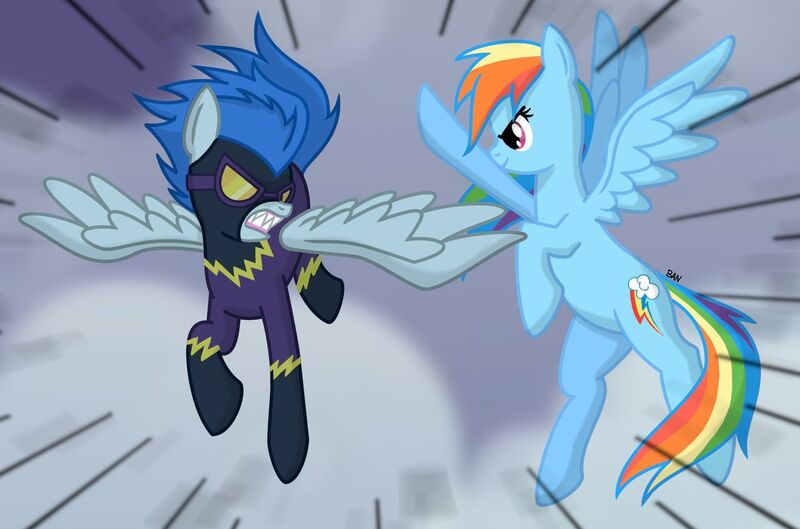 Size: 1280x847 | Tagged: safe, artist:banquo0, derpibooru import, nightshade, rainbow dash, pegasus, pony, clothes, costume, fight, flying, goggles, midair, shadowbolts, shadowbolts (nightmare moon's minions), shadowbolts costume