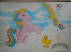 Size: 1019x752 | Tagged: bird, bow, cloud, cute, derpibooru import, duck, milton bradley, official, parasawwl, parasol (g1), puzzle, rain, rainbow, safe, sunlightbetes, sunlight (g1), tail bow