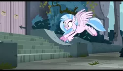 Size: 1024x600 | Tagged: castle, classical hippogriff, cute, derpibooru import, diastreamies, happy, hippogriff, outdoors, pointing, safe, school daze, screencap, silverstream, solo, spread wings, stairs, that hippogriff sure does love stairs, wings