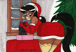 Size: 2965x2056 | Tagged: anthro, anthro oc, antlers, artist:newyorkx3, ass, breasts, butt, christmas, christmas tree, cleavage, clothes, derpibooru import, dress, evening gloves, female, gloves, holiday, long gloves, looking at you, oc, oc:crystal, one eye closed, snow, snowfall, solo, suggestive, traditional art, tree