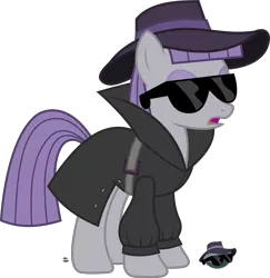 Size: 1909x1967 | Tagged: safe, artist:anime-equestria, derpibooru import, boulder (pet), maud pie, earth pony, belt, belt buckle, clothes, collar, costume, detective, eyeshadow, female, hat, makeup, mare, open mouth, rock, simple background, solo, sunglasses, transparent background, trenchcoat, vector