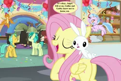 Size: 1080x720 | Tagged: safe, derpibooru import, edit, edited screencap, screencap, angel bunny, citrine spark, fire quacker, fluttershy, sandbar, silverstream, yona, pony, school daze, balloon, bow, butt, confetti, cropped, cute, diastreamies, friendship student, implied gabby, implied gallus, lapine, monkey swings, plot, quackerdorable, sandabetes, school of friendship, shyabetes, speech, speech bubble, talking, watership down, yonadorable