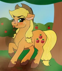 Size: 528x608 | Tagged: safe, artist:honiibree, artist:squigglejot, derpibooru import, applejack, earth pony, pony, :p, apple, apple tree, collaboration, cute, female, food, jackabetes, looking at you, mare, mud, muddy, muddy hooves, nose wrinkle, one eye closed, scrunchy face, solo, tongue out, tree, wink