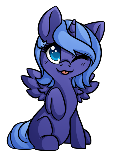 Size: 1280x1792 | Tagged: safe, artist:honiibree, derpibooru import, princess luna, alicorn, pony, :p, colored pupils, cute, female, filly, lunabetes, one eye closed, simple background, sitting, solo, tongue out, transparent background, wink, woona, younger