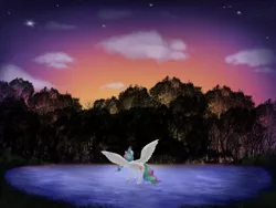 Size: 500x375 | Tagged: safe, artist:honiibree, derpibooru import, princess celestia, alicorn, pony, cloud, face not visible, facing away, female, glowing horn, horn, lake, mare, scenery, sky, solo, spread wings, stars, sunset, tree, water, wings