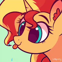 Size: 500x500 | Tagged: safe, artist:lollipony, derpibooru import, part of a set, sunset shimmer, pony, unicorn, :p, animated, bust, commission, cute, ear fluff, eye shimmer, female, gif, green background, mare, pbbtt, portrait, raspberry, shimmerbetes, silly, silly pony, simple background, solo, spit, spittle, tongue out, ych result