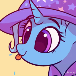 Size: 500x500 | Tagged: safe, artist:lollipony, derpibooru import, part of a set, trixie, pony, unicorn, :p, animated, bust, cape, clothes, commission, cute, diatrixes, eye shimmer, female, gif, hat, mare, pbbtt, portrait, raspberry, silly, silly pony, simple background, solo, spit, spittle, tongue out, trixie's cape, trixie's hat, ych result, yellow background