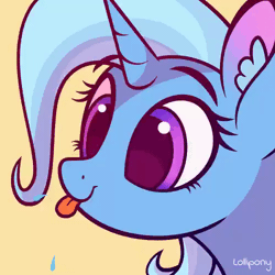 Size: 500x500 | Tagged: safe, alternate version, artist:lollipony, derpibooru import, part of a set, trixie, pony, unicorn, :p, animated, bust, commission, cute, diatrixes, ear fluff, eye shimmer, female, gif, mare, pbbtt, portrait, raspberry, silly, silly pony, simple background, solo, spit, spittle, tongue out, ych result, yellow background