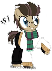 Size: 682x932 | Tagged: safe, artist:bluedinoadopts, derpibooru import, oc, oc:time liz, unofficial characters only, earth pony, pony, clothes, female, fingerless gloves, glasses, gloves, grin, jeans, mare, pants, raised hoof, scarf, simple background, smiling, solo, sweater, transparent background
