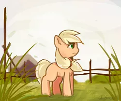 Size: 1200x1000 | Tagged: safe, artist:whiskyice, derpibooru import, applejack, earth pony, pony, countryside, female, fence, grass, hatless, mare, missing accessory, missing cutie mark, profile, solo