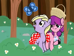 Size: 1024x768 | Tagged: safe, artist:dinkyuniverse, derpibooru import, dinky hooves, lily longsocks, butterfly, earth pony, pony, unicorn, basket, calm, dinkily, female, filly, foal, forest, lesbian, peaceful, picnic, picnic basket, picnic blanket, shipping, stroll, trash bag, water bottle