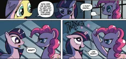 Size: 1171x552 | Tagged: safe, artist:andypriceart, derpibooru import, idw, fluttershy, pinkie pie, twilight sparkle, twilight sparkle (alicorn), alicorn, earth pony, pegasus, pony, reflections, spoiler:comic, spoiler:comic18, comic, cropped, female, horn flick, mare, official comic, speech bubble