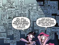 Size: 719x554 | Tagged: safe, artist:andypriceart, derpibooru import, idw, pinkie pie, queen chrysalis, twilight sparkle, twilight sparkle (alicorn), alicorn, earth pony, pony, reflections, spoiler:comic, spoiler:comic19, breaking the fourth wall, cropped, don't blink, duo, female, mare, official comic, reversalis, speech bubble