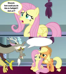 Size: 2000x2246 | Tagged: safe, derpibooru import, edit, edited screencap, screencap, applejack, discord, fluttershy, draconequus, earth pony, pegasus, pony, the ending of the end, applejack is not amused, applejack's hat, beard, blank speech bubble, canterlot throne room, caption, comforting, comic, cowboy hat, crying, discord tries to defend himself, exploitable meme, eyebrows, facial hair, female, glare, grin, hat, image macro, male, mare, meme, meme template, nervous, nervous grin, screencap comic, sitting, smiling, speech bubble, teary eyes, text, unamused