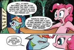 Size: 775x522 | Tagged: safe, artist:andypriceart, derpibooru import, idw, pinkie pie, rainbow dash, pony, reflections, spoiler:comic, spoiler:comic19, comic, cropped, duo, female, mare, narrowed eyes, official comic, smiling, speech bubble