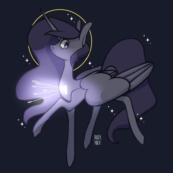 Size: 1280x1280 | Tagged: safe, artist:kilka-chan-yana, artist:yespurrymuch, derpibooru import, princess luna, alicorn, pony, arrow, black background, female, glow, light, mare, profile, simple background, solo