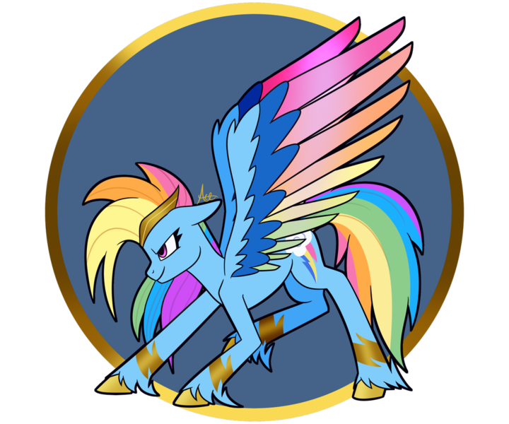 Size: 1200x1000 | Tagged: safe, artist:spaded aces, derpibooru import, rainbow dash, pegasus, pony, leak, spoiler:g5, accessories, badass, bracer, colored wings, female, g5, jewelry, mare, multicolored wings, rainbow dash (g5), rainbow wings, redesign, simple background, solo, spread wings, tiara, unshorn fetlocks, wings