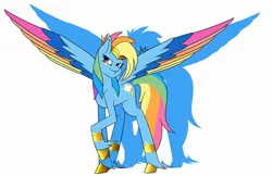 Size: 2048x1331 | Tagged: safe, artist:spaded aces, derpibooru import, rainbow dash, pegasus, pony, leak, spoiler:g5, accessories, badass, bracer, colored wings, g5, jewelry, multicolored wings, rainbow dash (g5), rainbow wings, redesign, simple background, solo, spread wings, tiara, wings