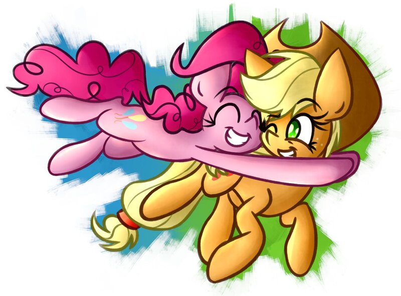 Size: 2132x1572 | Tagged: safe, artist:nekro-led, derpibooru import, applejack, pinkie pie, earth pony, pony, abstract background, cute, diapinkes, duo, eyes closed, female, flawless, glomp, hug, jackabetes, mare, no pupils, one eye closed, scene interpretation, smiling, wink