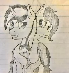 Size: 1920x2019 | Tagged: safe, artist:biergarten13, derpibooru import, oc, pony, unicorn, couple, lined paper, monochrome, officer, traditional art, world war ii