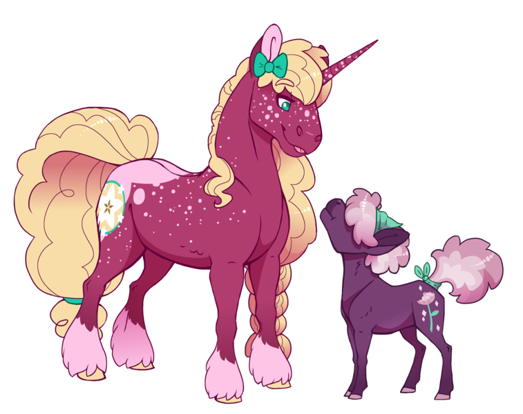 Size: 3280x2600 | Tagged: safe, artist:jackiebloom, derpibooru import, oc, oc:ambrosia apple, oc:crystal corolla, earth pony, pony, unicorn, brother and sister, female, half-siblings, magical lesbian spawn, male, mare, offspring, parent:big macintosh, parent:cheerilee, parent:sugar belle, parents:sugarlee, parents:sugarmac, realistic horse legs, siblings, simple background, size difference, socks (coat marking), stallion, transgender, transparent background