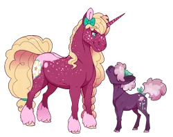 Size: 3280x2600 | Tagged: safe, artist:jackiebloom, derpibooru import, oc, oc:ambrosia apple, oc:crystal corolla, earth pony, pony, unicorn, brother and sister, female, half-siblings, magical lesbian spawn, male, mare, offspring, parent:big macintosh, parent:cheerilee, parent:sugar belle, parents:sugarlee, parents:sugarmac, realistic horse legs, siblings, simple background, size difference, socks (coat marking), stallion, transgender, transparent background