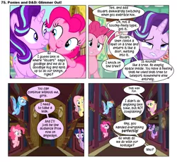 Size: 868x800 | Tagged: safe, artist:dziadek1990, derpibooru import, fluttershy, pinkie pie, rainbow dash, starlight glimmer, twilight sparkle, pony, comic:ponies and d&d, no second prances, over a barrel, conversation, dialogue, dungeons and dragons, emote story:ponies and d&d, indoors, pen and paper rpg, potty time, rpg, slice of life, text, train