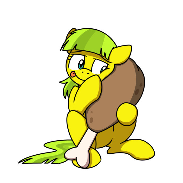 Size: 2000x2000 | Tagged: safe, artist:sugar morning, derpibooru import, oc, oc:lemon drop, unofficial characters only, pony, bone, drumstick, female, food, kitchen eyes, licking, licking lips, meat, simple background, solo, tongue out, transparent background