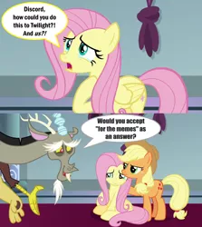 Size: 912x1024 | Tagged: safe, derpibooru import, edit, edited screencap, screencap, applejack, discord, fluttershy, pony, the ending of the end, discord tries to defend himself, exploitable meme, impact font, implied twilight sparkle, meme