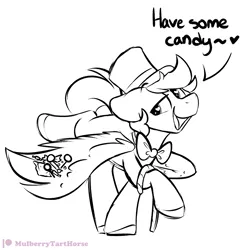 Size: 2000x2000 | Tagged: safe, artist:mulberrytarthorse, derpibooru import, oc, oc:flavorful sweets, unofficial characters only, pegasus, pony, bowtie, candy, cane, floppy ears, food, hat, male, monochrome, solo, stallion, top hat