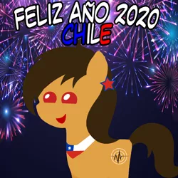 Size: 960x960 | Tagged: safe, artist:archooves, derpibooru import, oc, oc:chilenia, ponified, unofficial characters only, earth pony, pony, 2020, chile, female, fireworks, happy new year, holiday, mare, nation ponies, open mouth, pointy ponies, smiling, solo, spanish