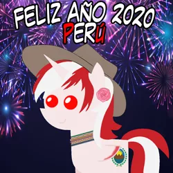 Size: 960x960 | Tagged: safe, artist:archooves, derpibooru import, oc, oc:princess peruvia, ponified, unofficial characters only, alicorn, pony, 2020, alicorn oc, female, fireworks, happy new year, hat, holiday, horn, mare, nation ponies, peru, pointy ponies, smiling, solo, spanish, wings