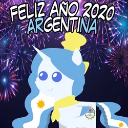 Size: 960x960 | Tagged: safe, artist:archooves, derpibooru import, oc, oc:princess argenta, ponified, unofficial characters only, alicorn, pony, 2020, alicorn oc, argentina, female, fireworks, happy new year, holiday, horn, mare, nation ponies, pointy ponies, smiling, solo, spanish, wings